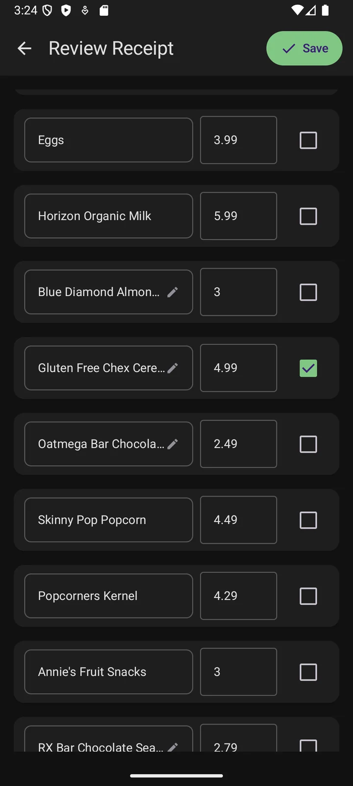 Celiac Saver — parsed item list with GF flags